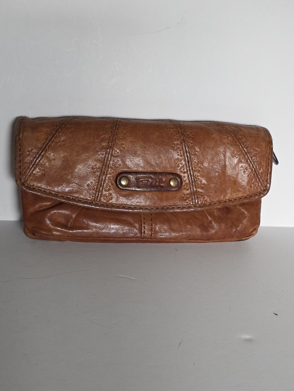 Fossil Leather Fold-Over Clutch Wallet Brown Tan Genuine Leather